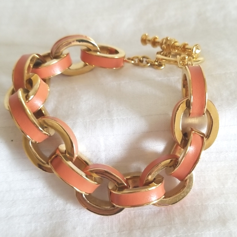 Gold Orange Leather Link Bracelet